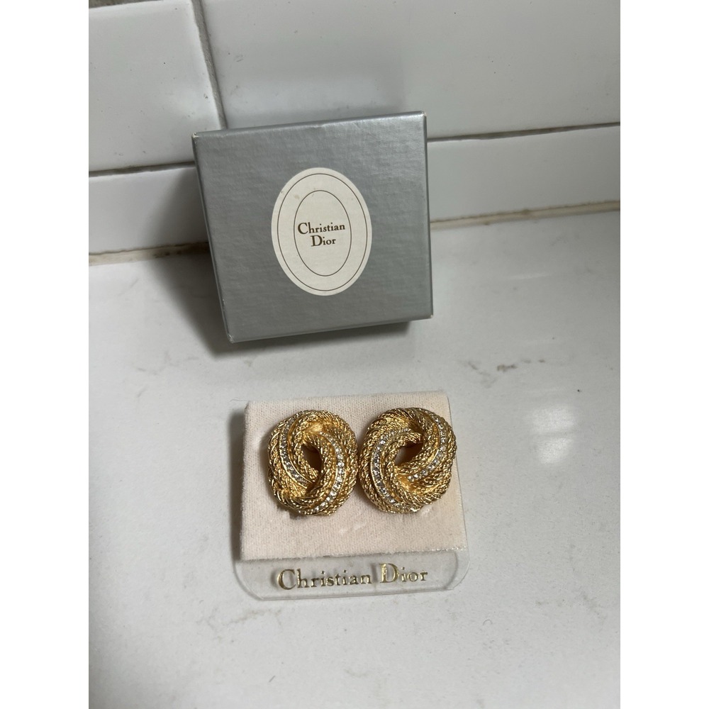 Christian Dior signed Vintage Rope Textured 18K Gold Plate Crystal Clip Earrings